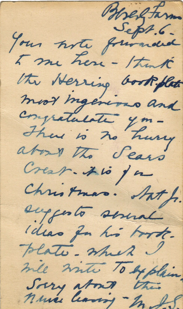 Hand-written note referencing Beetle Herring Bookplate and Sears Crest