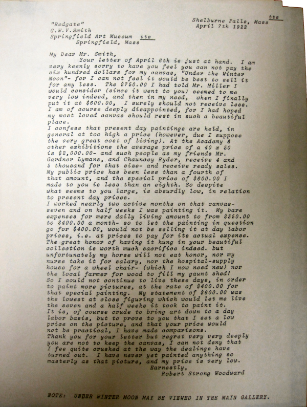 pg 1 of Woodward letter to JH Miller then forwarded to GWV Smith re: Under the Winter Moon