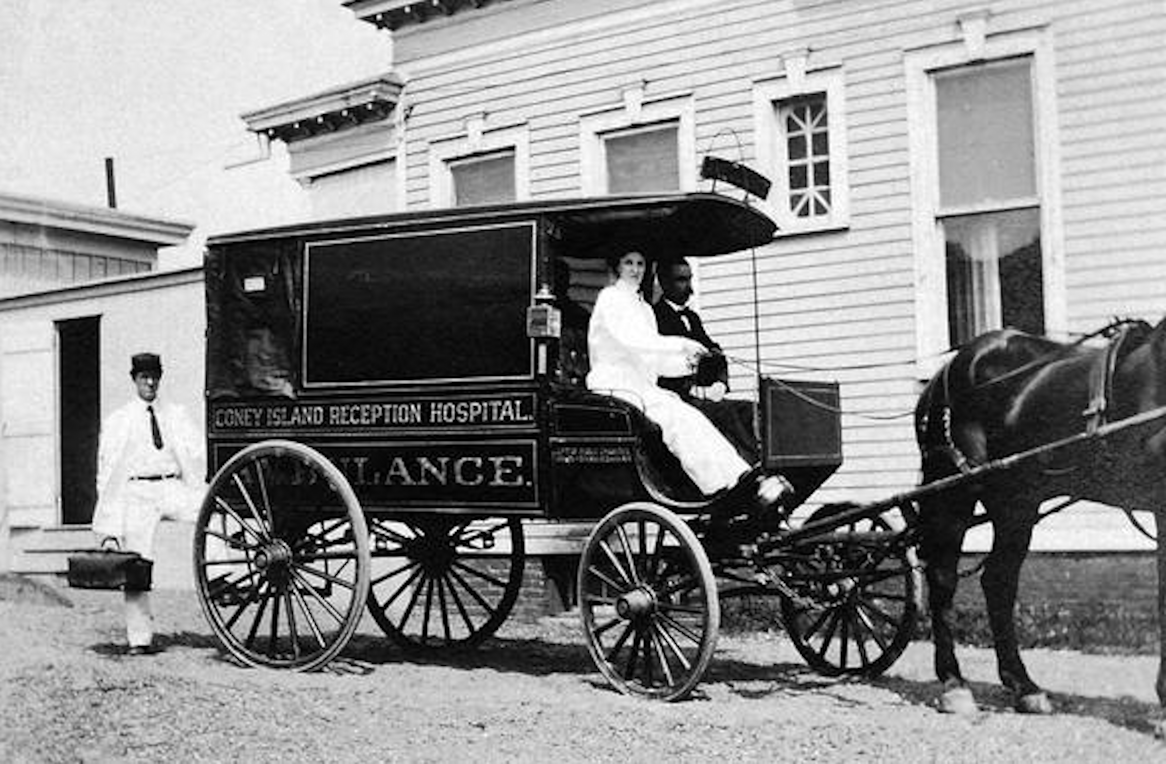 An early 1900 photo of a horsedrawn ambulance