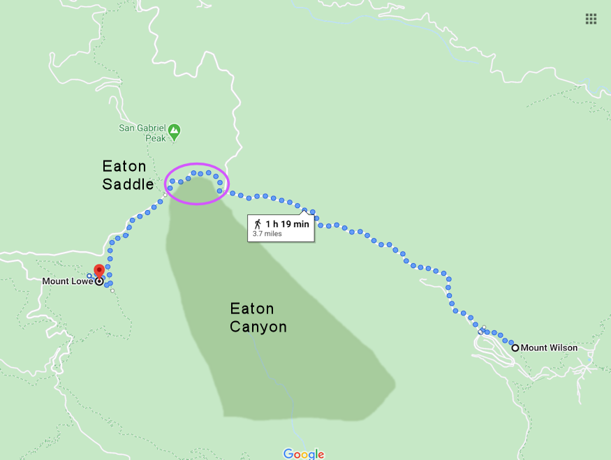 Google Map Capture of trail between Mt. Lowe and Mt. Wilson