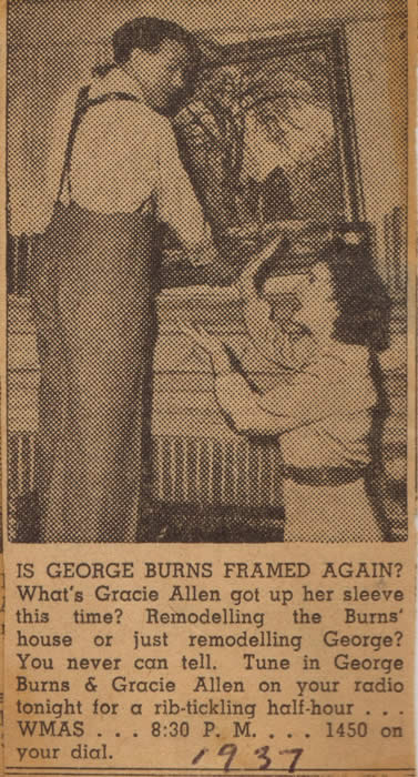 1937 local newspaper clipping advertising the Burns and Allen Radio show including photograph of George and Gracie hanging Dooryard Elm above their fireplace.