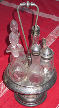  Antique silver caster set for oil, vinegar, salt, pepper and sugar 