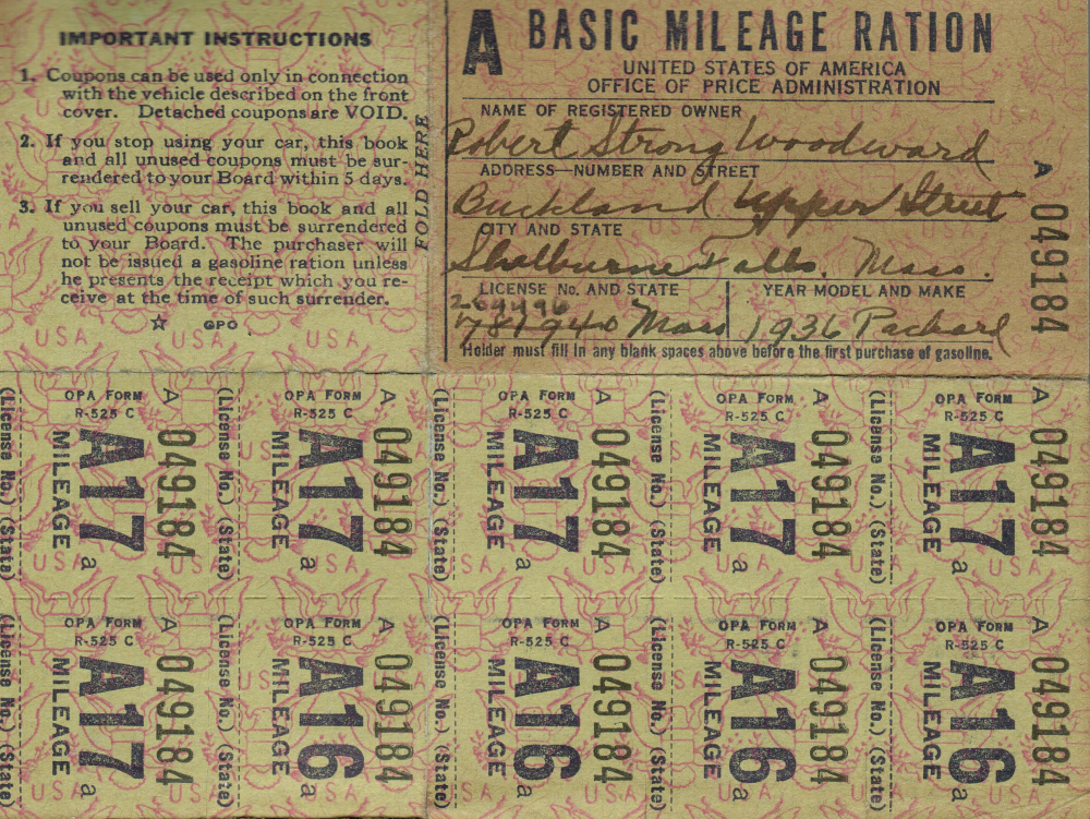 A Ration Coupon booklet and stamps for Robert Strong Woodward's 1936 Packard 