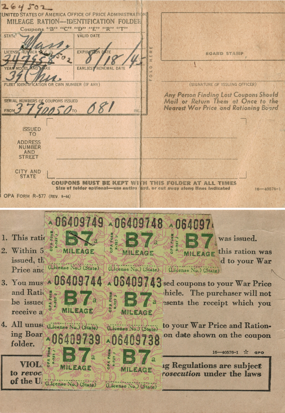 B Ration Coupon booklet and stamps for Robert Strong Woodward's 1939 Chevrolet Woody Beachwagon