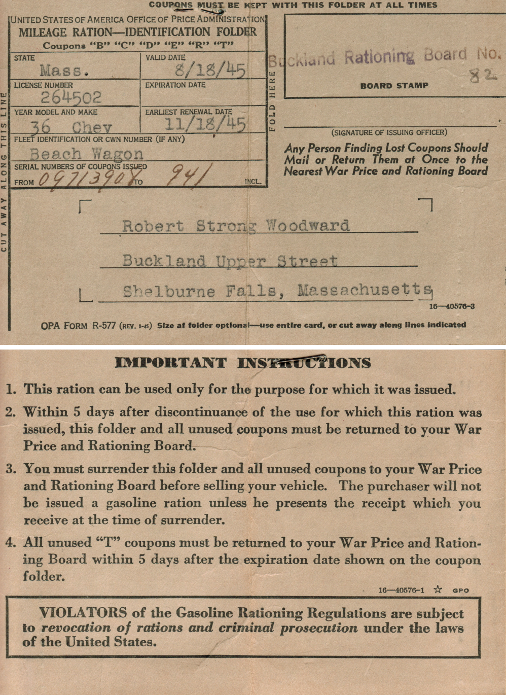 C Ration Coupon booklet (front and back side) for Robert Strong Woodward's 1939 Chevrolet Woody Beachwagon 