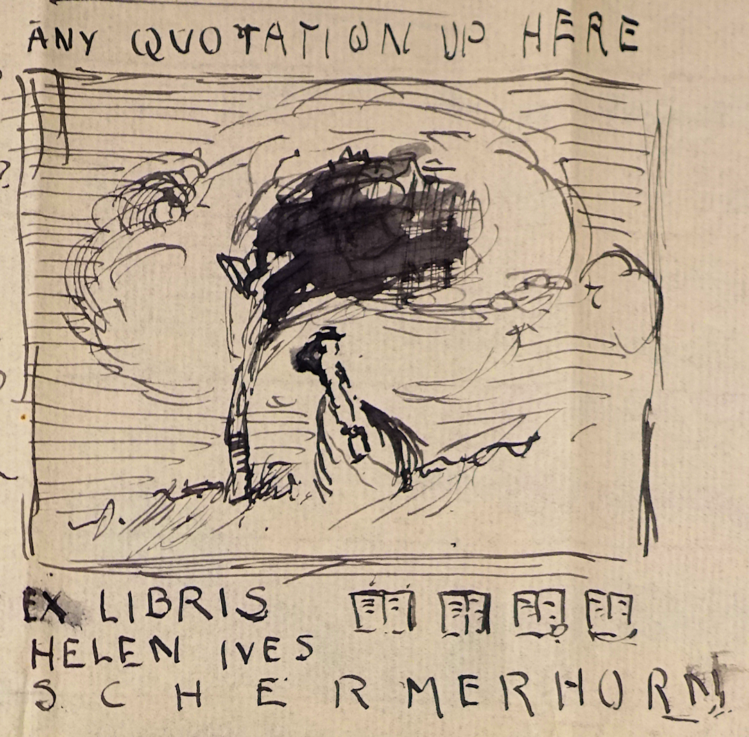 Woodward's doodled concept for Helen's bookplate