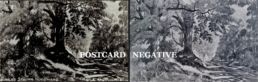 An image of a side-by-side comparison of postcard to the painting's negative.