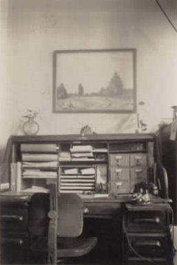 Aunt Lucy's desk at the Congregational Board of Pastoral Supply, showing God's Quiet Acre on the wall above