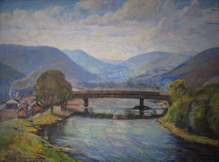 The Charlemont Covered Bridge shown in RSW's painting Through Summer Hills 