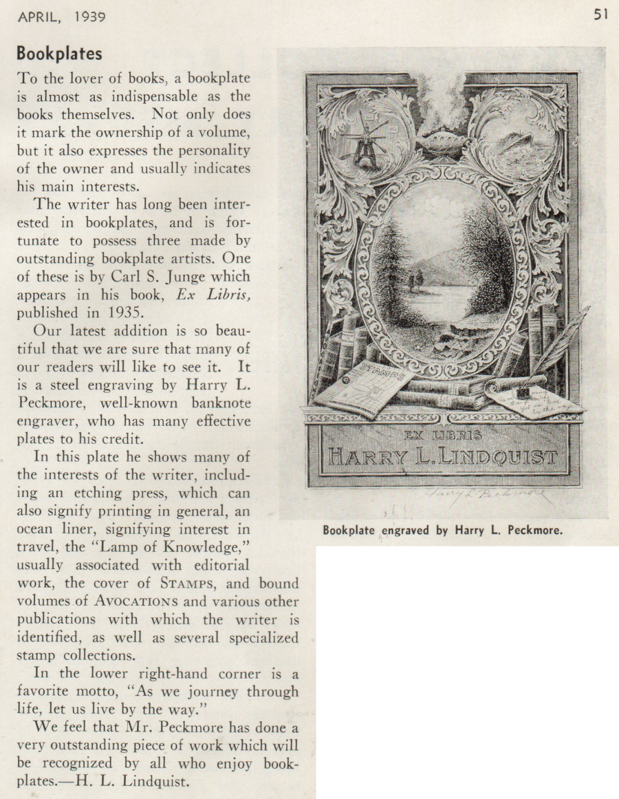 Bookplate article appeared in  Avocations, A Magazine  of Hobbies and Leisure, in the April 1935 edition, Vol 4   No.  1