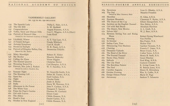 Listing of all of the paintings hung in the Vanderbilt Gallery in 1919.
