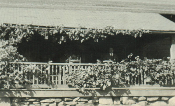Robert Strong Woodward looking out from the Hiram Woodward Studio porch with grapes 