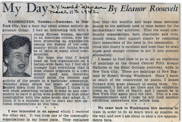  My Day column in which First Lady Eleanor Roosevelt comments on being unable to see an Exibition of paintings by RSW, New York World Telegram, March 11, 1942