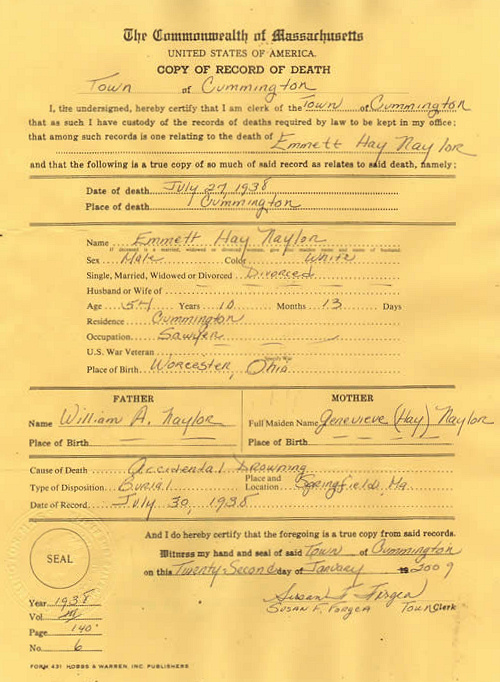   Death Certificate of Emmettt Hay Naylor  