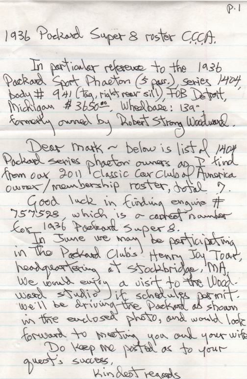  Letter from a New England Packard expert providing a list of owners of 1936 Packard Phaeton Super 8 automobiles.  