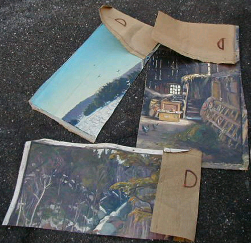 Several RSW canvases, having been sliced in half prior to being burned.  The 'D' on the reverse side is also shown.
