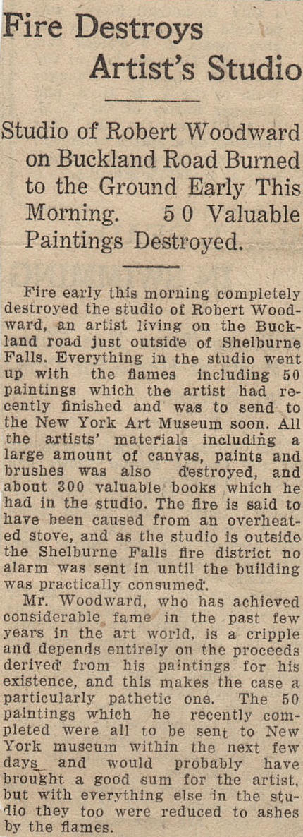 Shelburne Falls Transcript news story about the fire that destroyed Redgate Studio. 