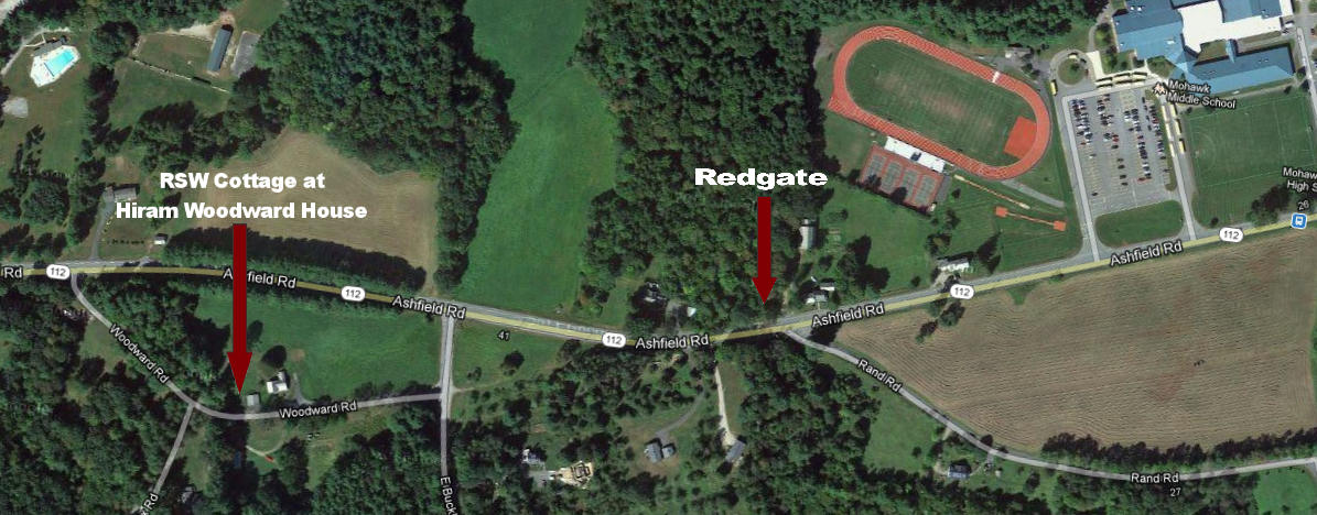 Map of the area along Route 112 Ashfield Street showing location of his cottage and Redgate Studio. 